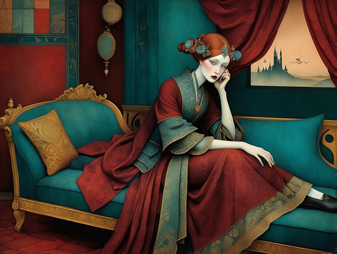 Woman in Red Gown on Turquoise Couch in Serene Setting