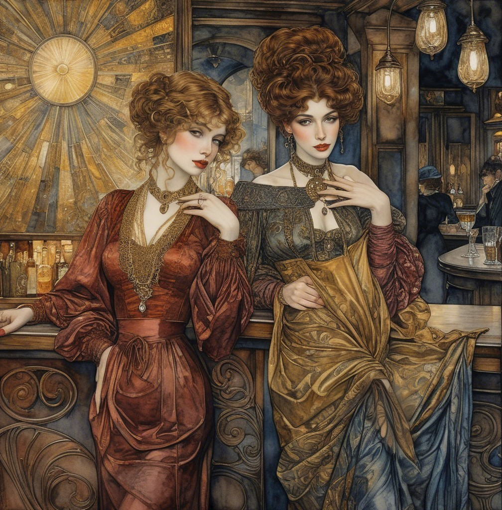 Elegant Women in Vintage Bar with Opulent Decor