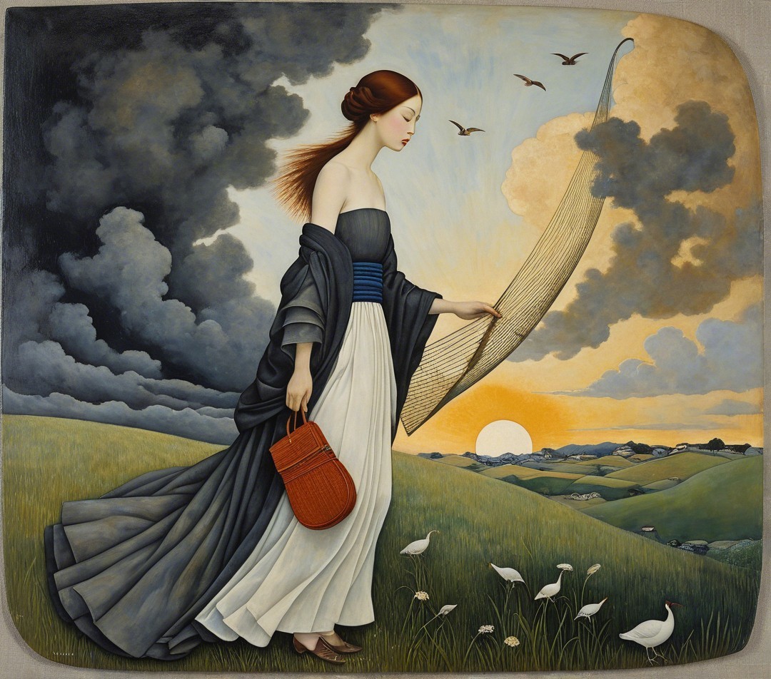 Serene figure in white dress with harp in landscape