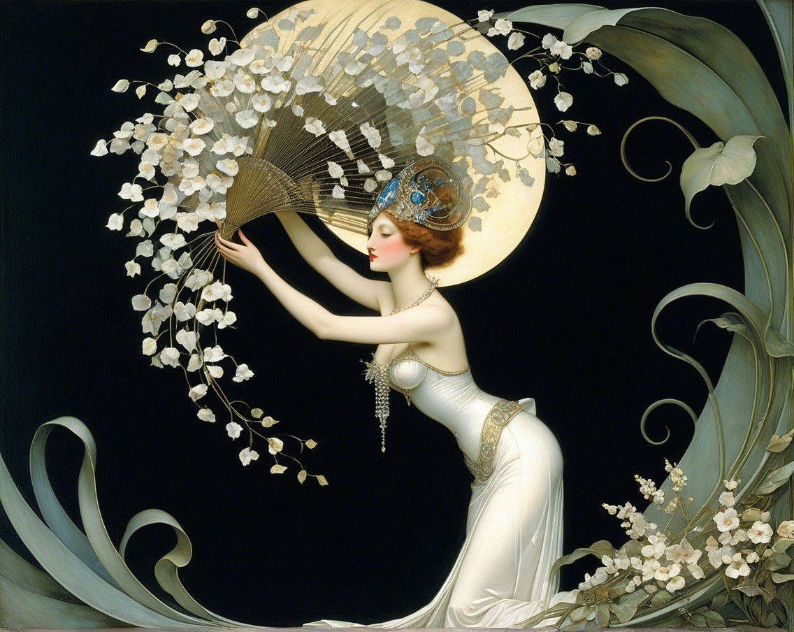 Elegant Woman in White Gown with Floral Arrangement