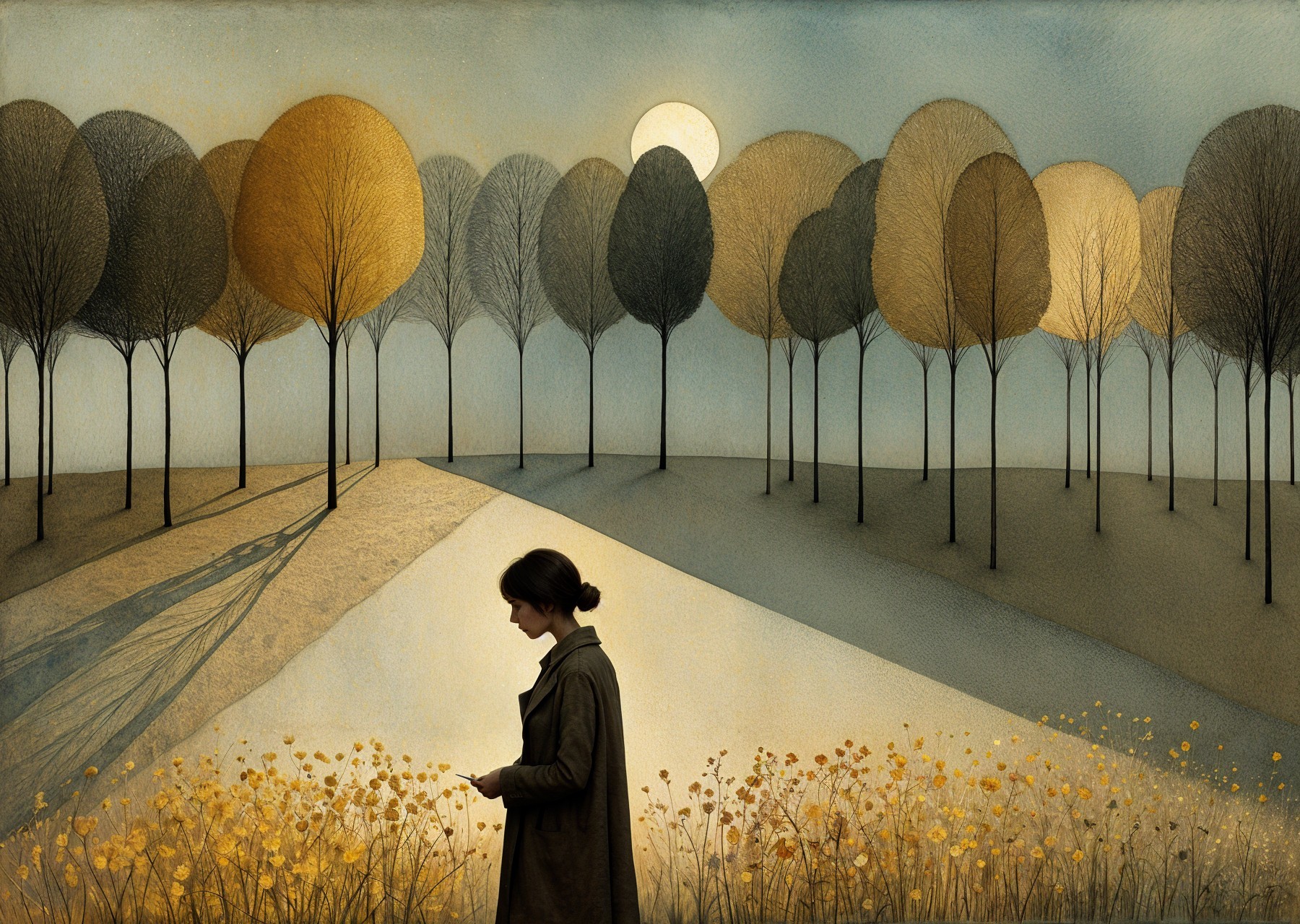 Serene Landscape with Young Woman in Golden Field