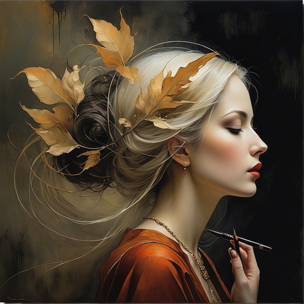 Graceful Woman with Autumn Leaves and Elegant Attire