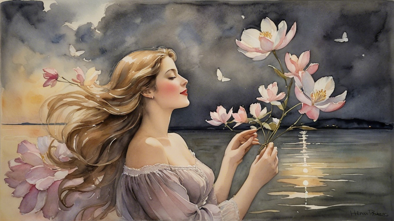 Young woman by tranquil water with pink flowers