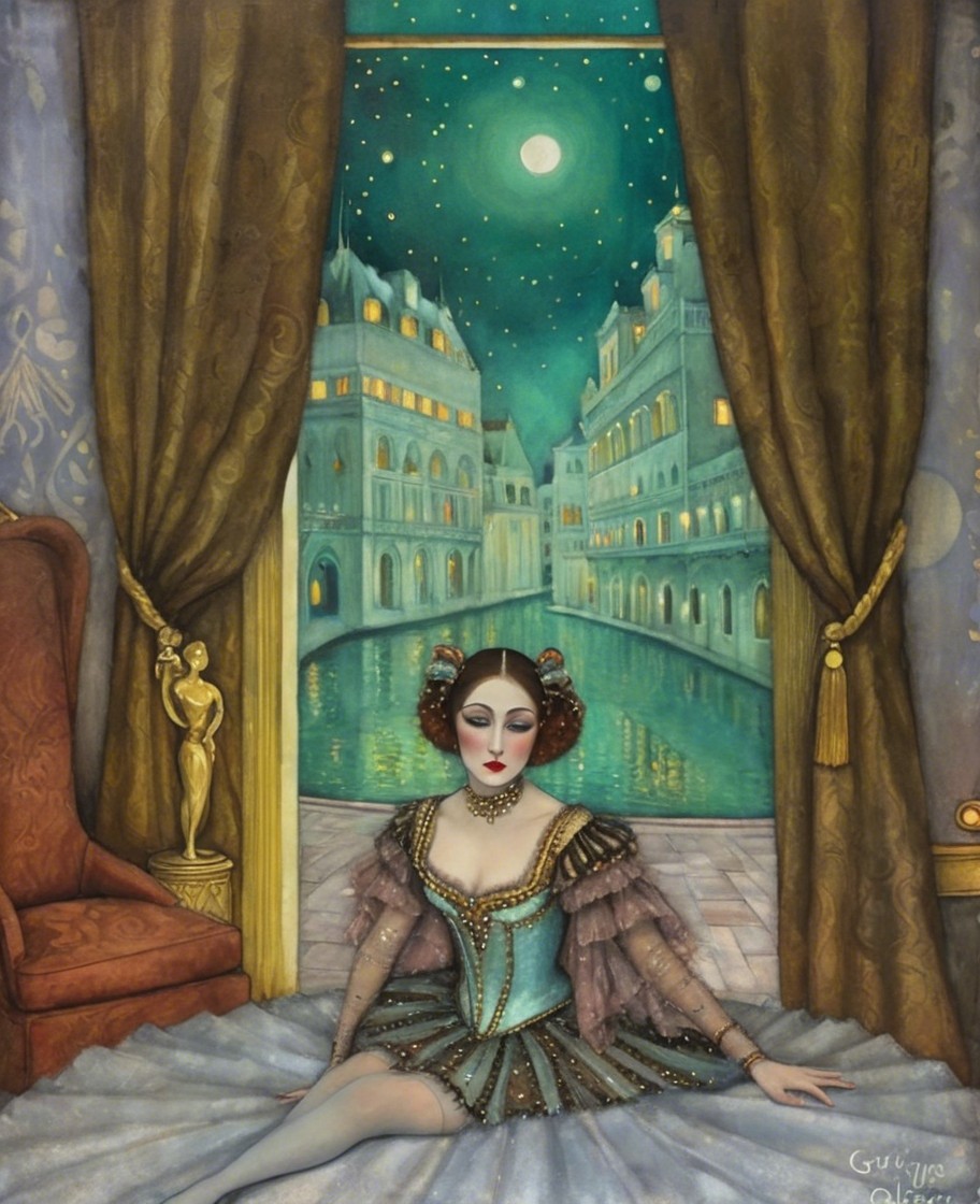 Vintage-inspired costume in a lavish moonlit room