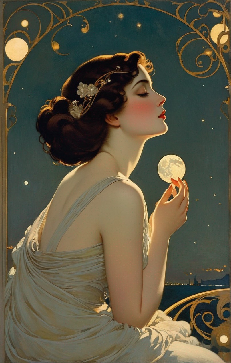 Serene Woman Holding Full Moon in Starry Night Sky