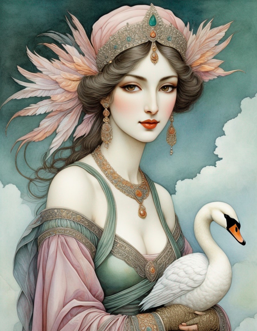 Illustrated Woman in Vintage Garb Holding a Swan