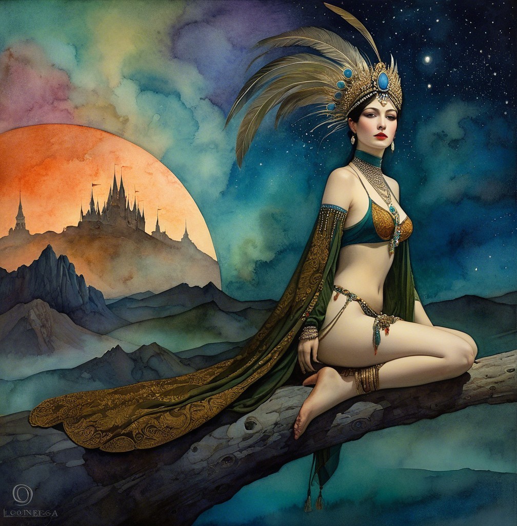 Mystical Figure on Branch in Twilight Fantasy Scene
