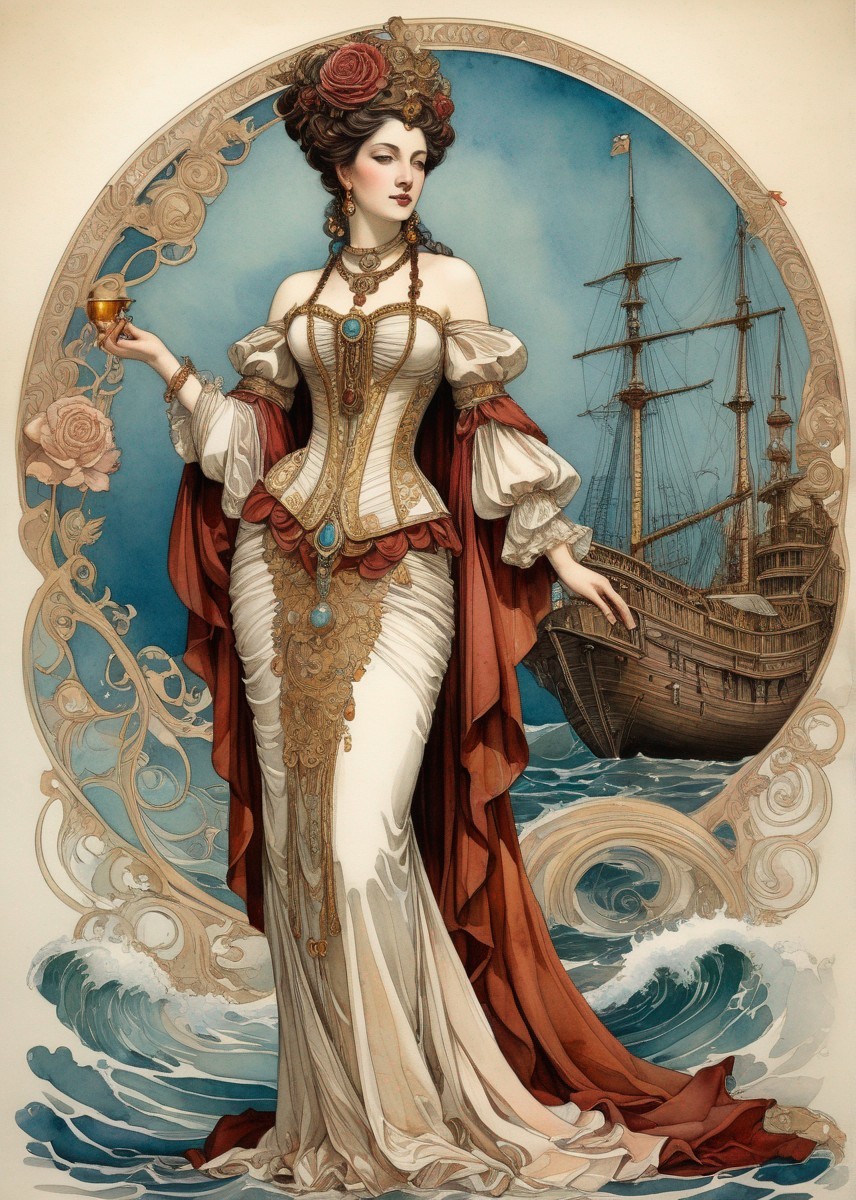 Vintage corset dress woman holding hourglass with ship in ornate frame