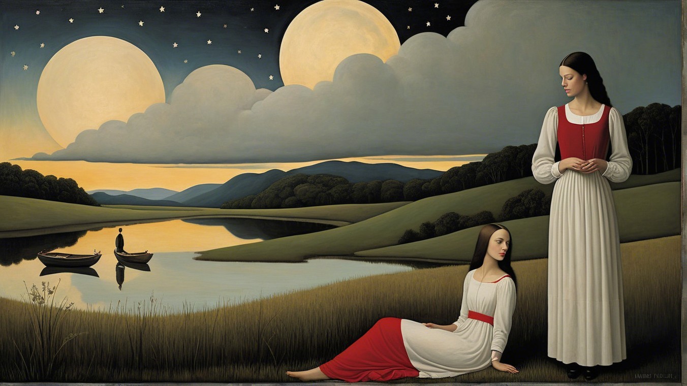 Serene landscape with women in elegant dresses and moons