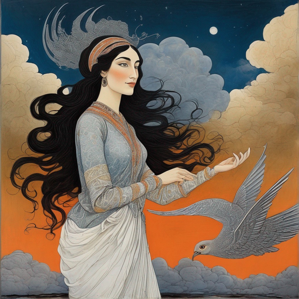 Serene Woman in Traditional Outfit with Soaring Bird