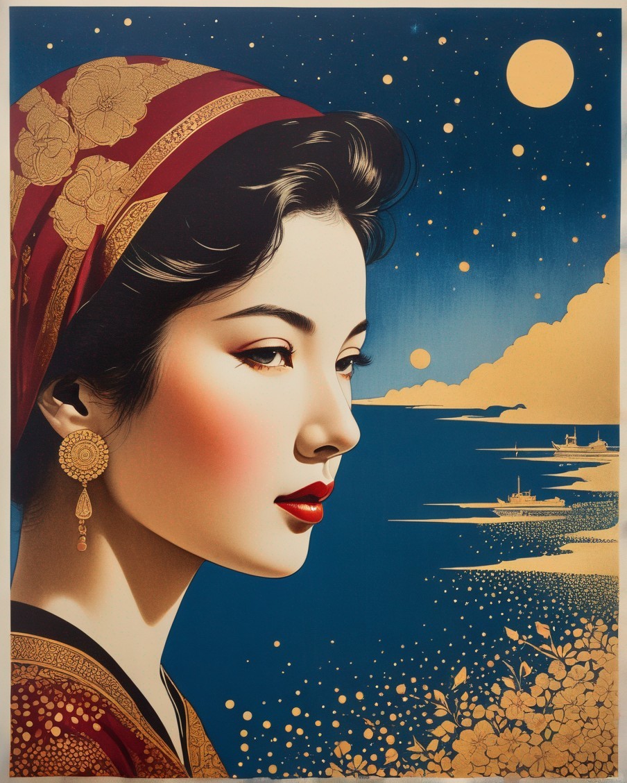Elegant Portrait of a Woman in Red and Gold Attire