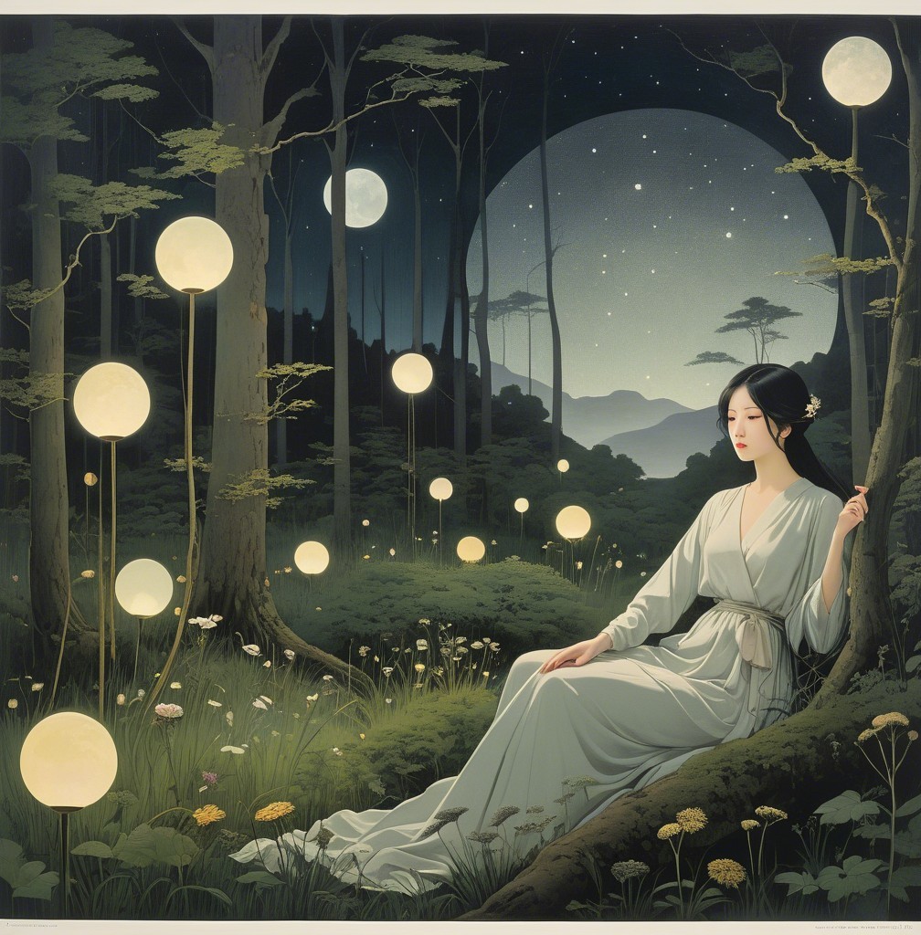 Nighttime Forest Scene with Woman in White Gown
