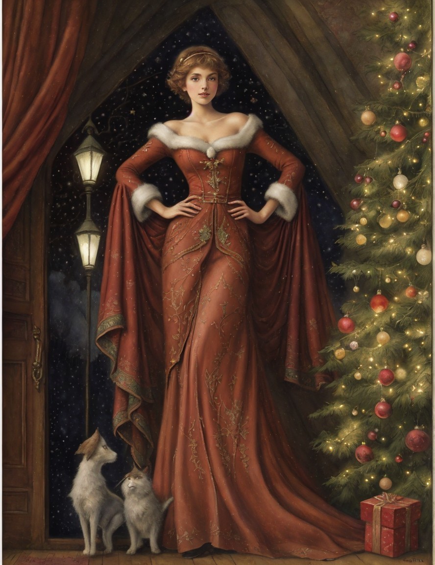 Woman in festive red gown with cats by Christmas tree in snowfall