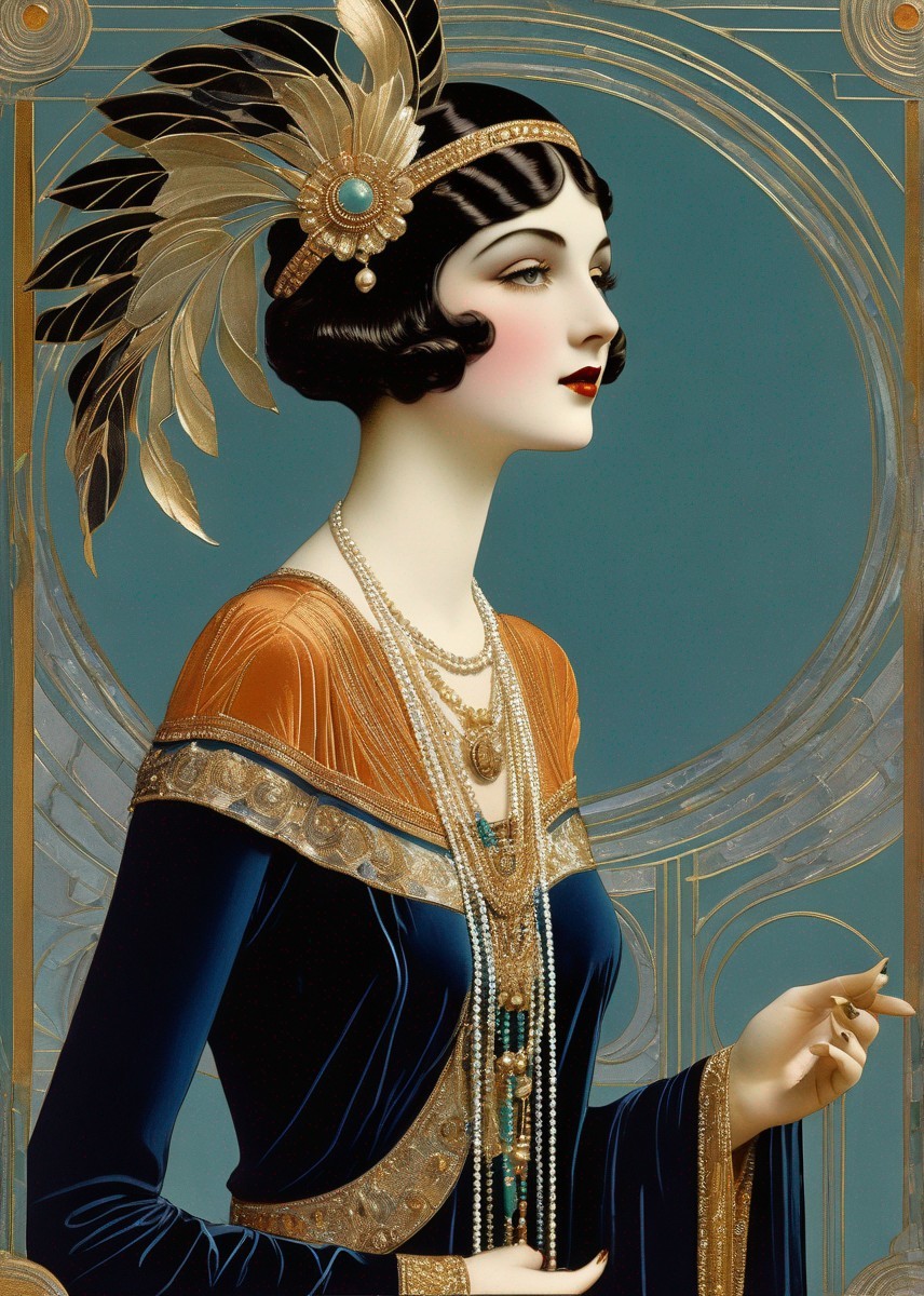 Art Deco Illustration of Woman in Gold and Blue