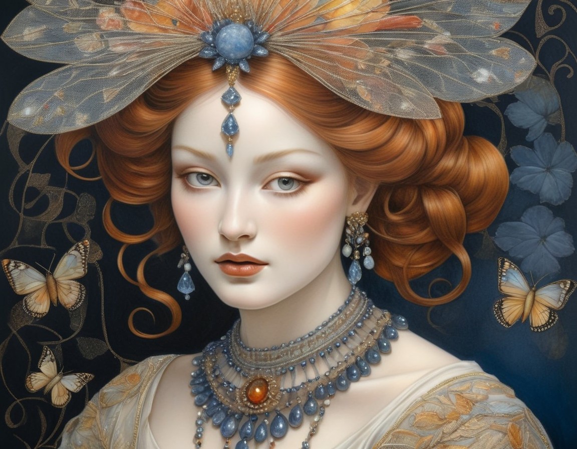 Portrait of a Woman with Red Hair and Floral Elements