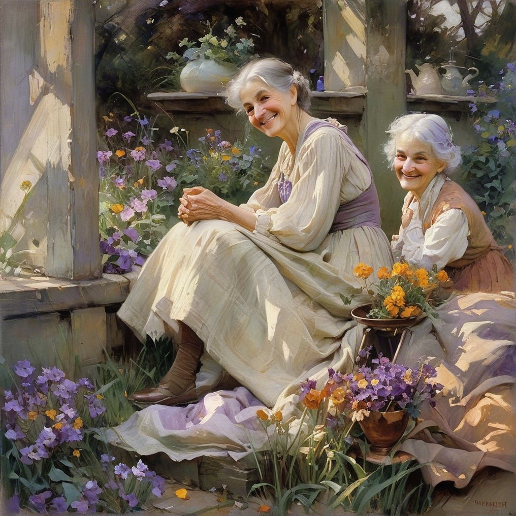 Elderly Women Enjoying a Colorful Garden Setting