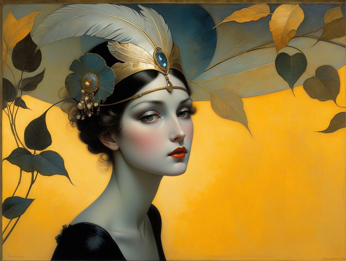 Elegant Woman with Feathered Headdress and Jewels