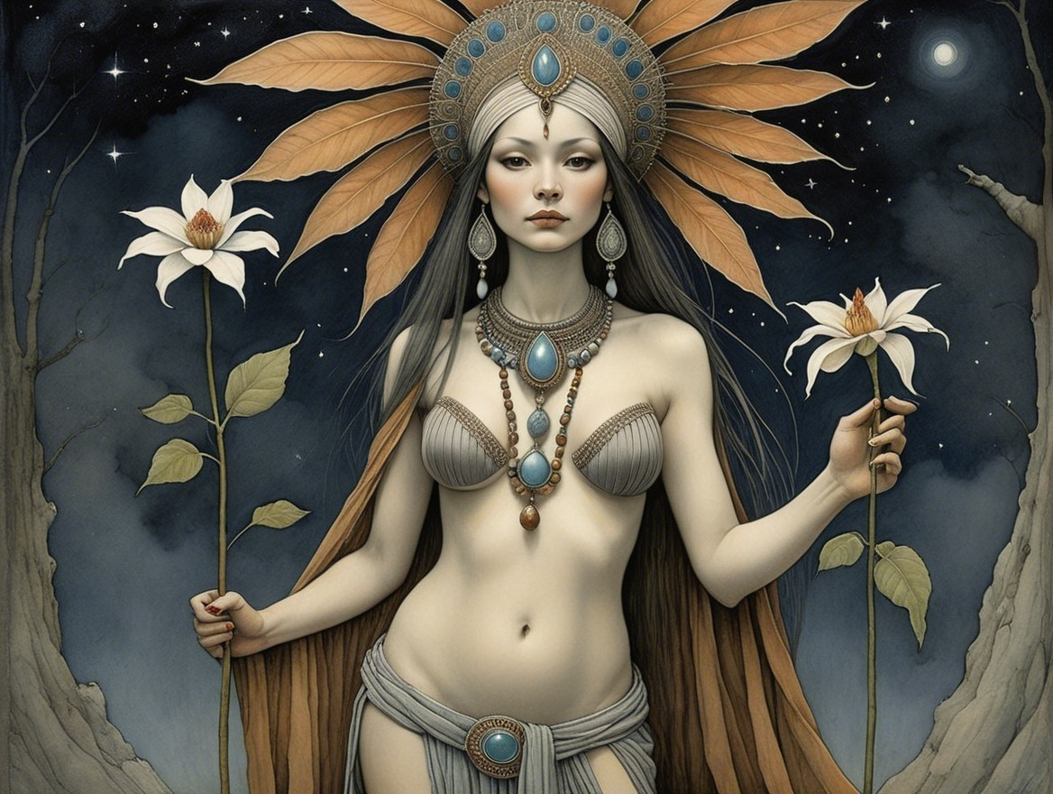 Mystical Woman with Jewelry and Leaf Headdress