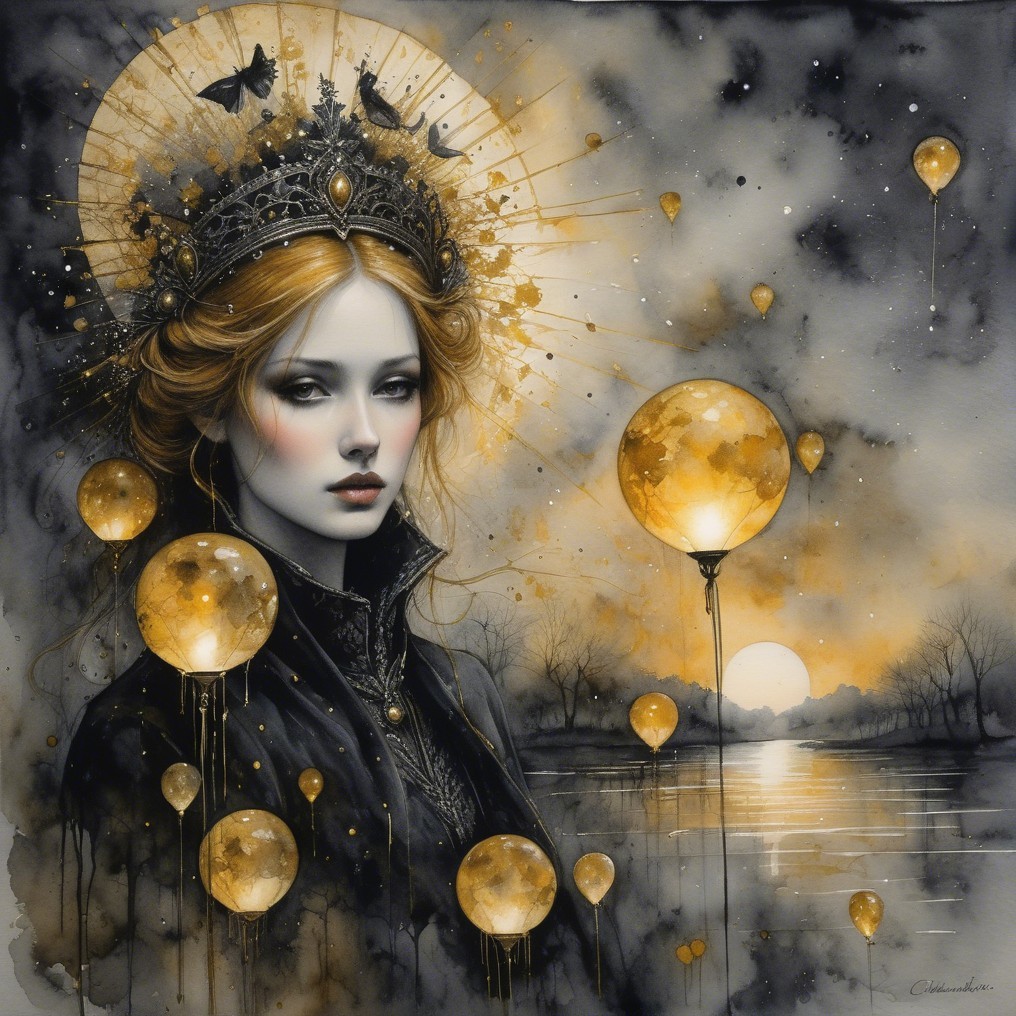 Mystical Portrait of Woman with Crown and Golden Balloons