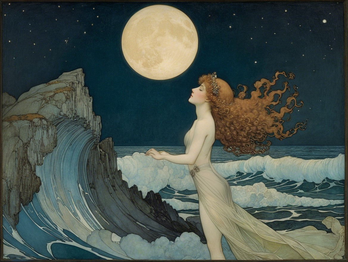 Ethereal Woman by Rocky Cliff Under Full Moonlight