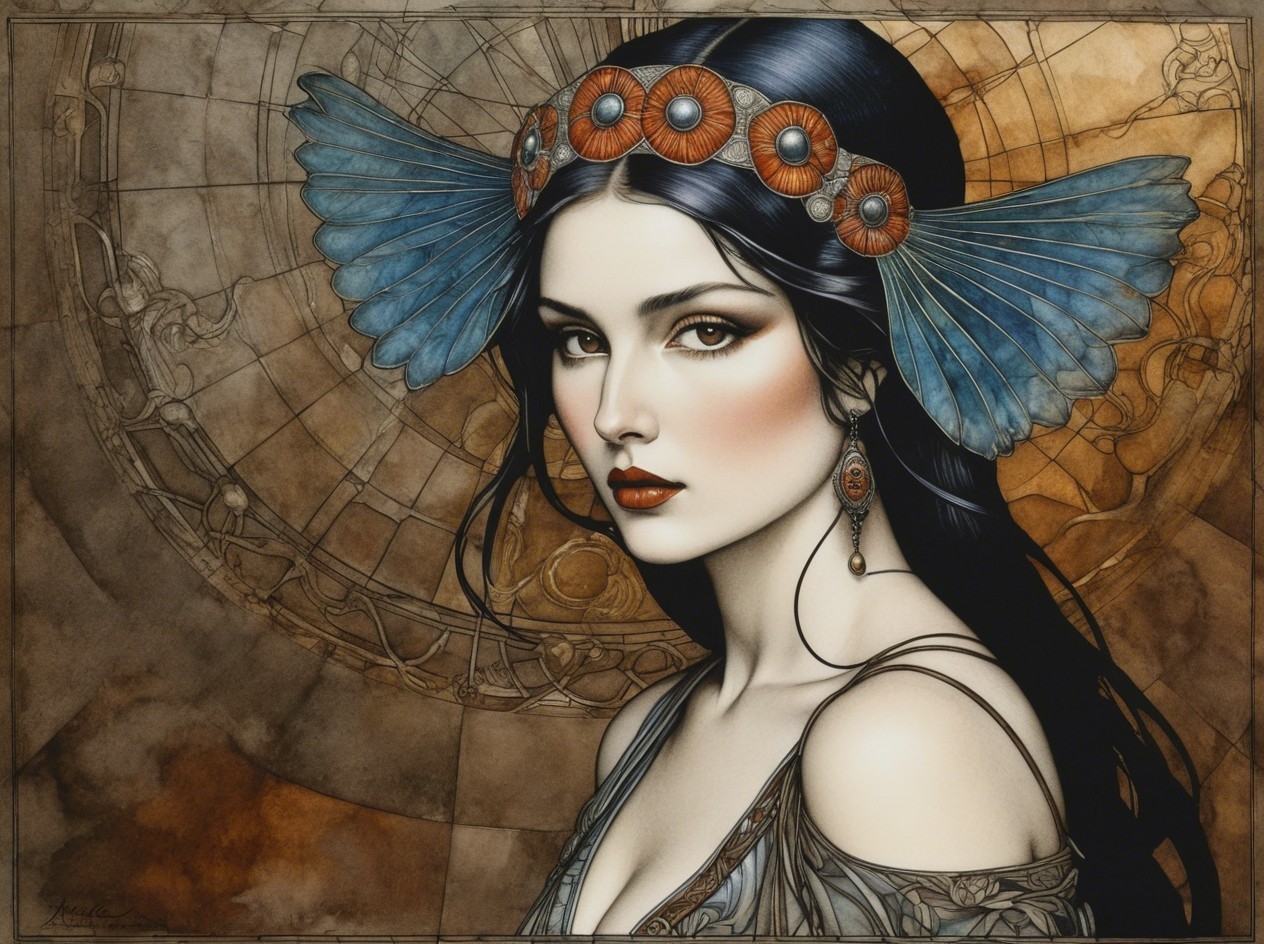 Portrait of a Woman with Dark Hair and Blue Wings