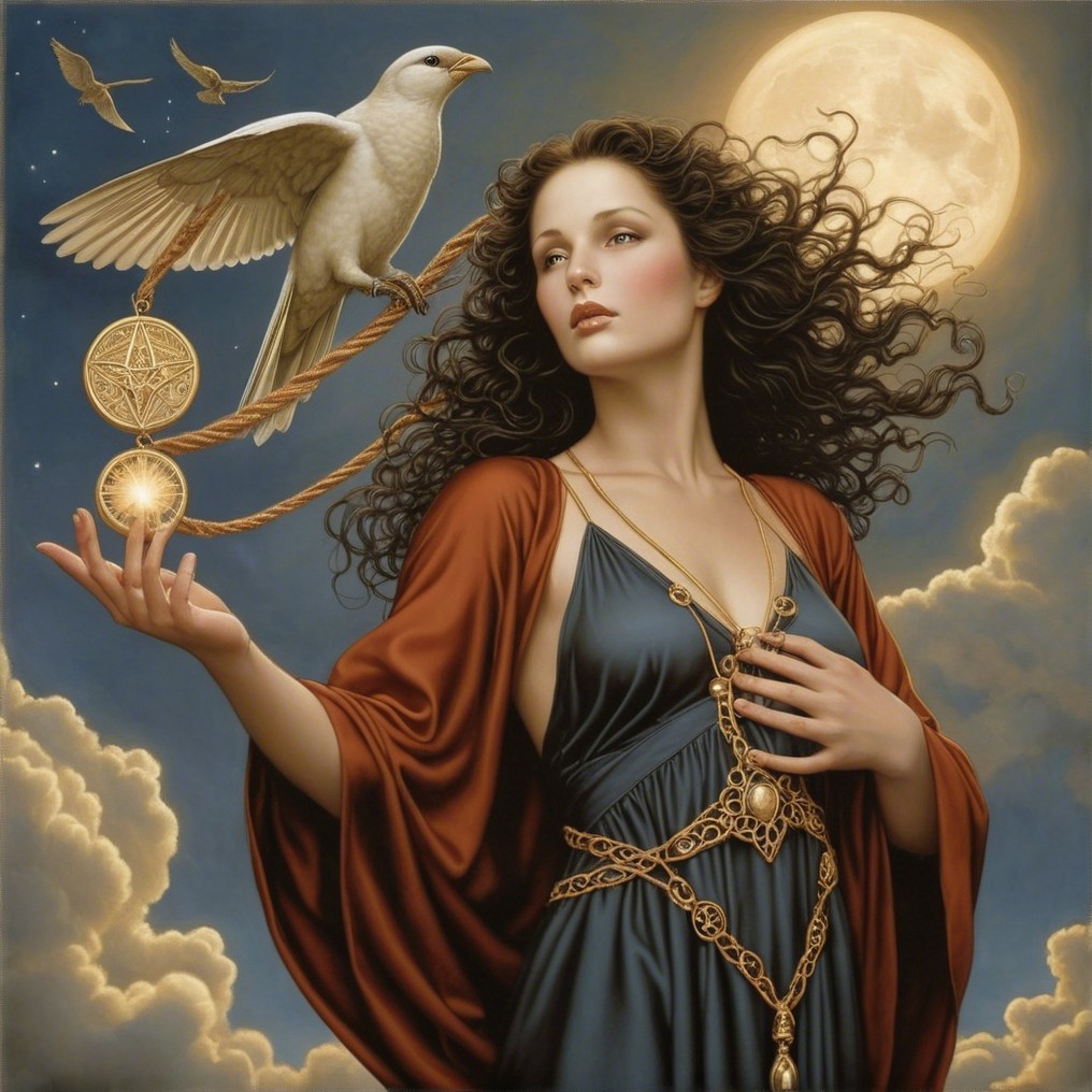 Mystical Woman in Moonlit Sky with Glowing Orb