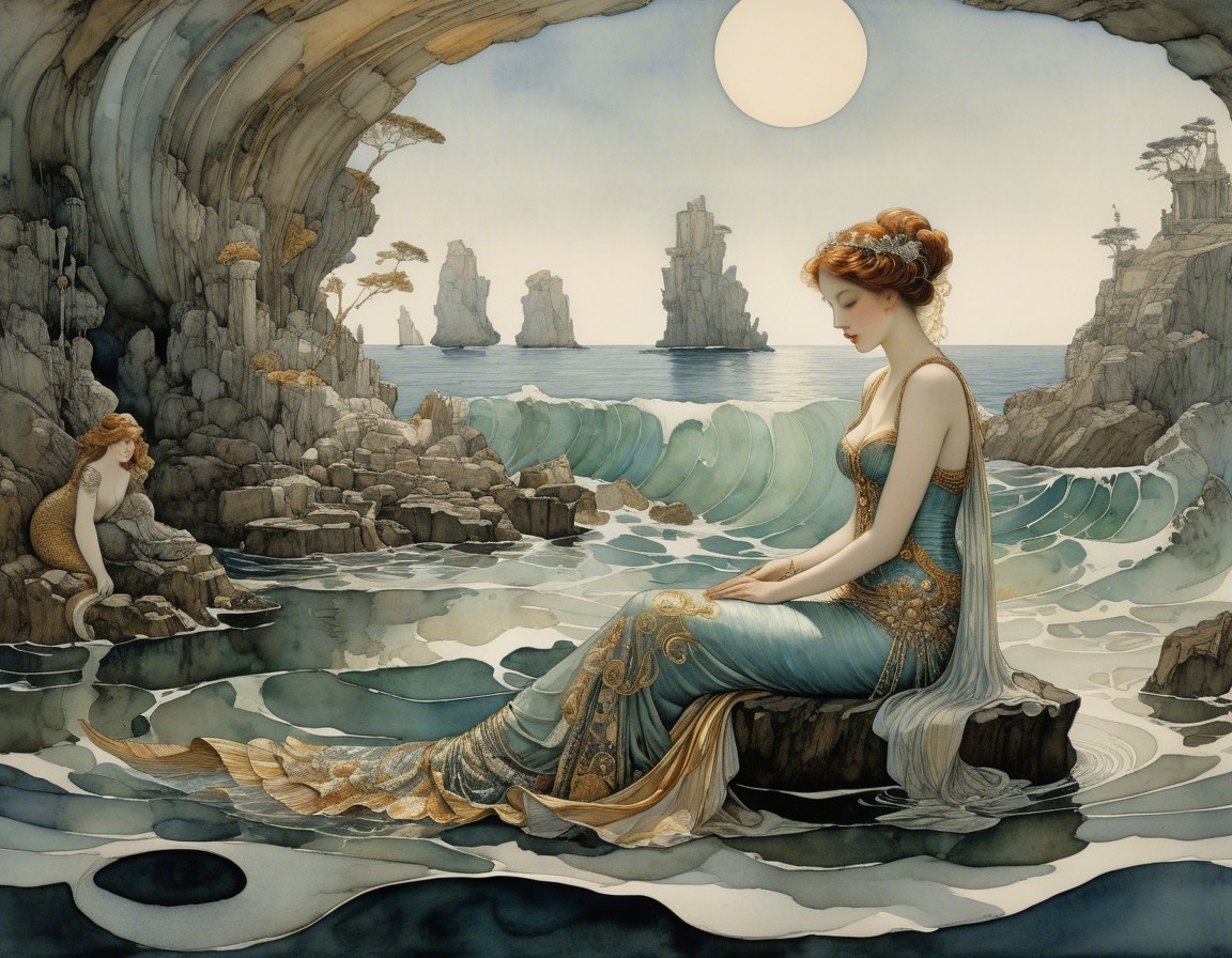 Mermaid on a Rock in a Serene Coastal Setting
