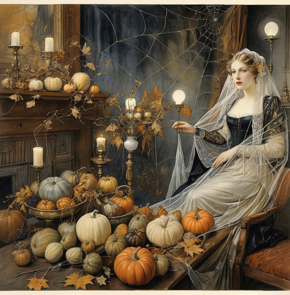 Haunted Bride in Pumpkin Harvest Scene with Candles