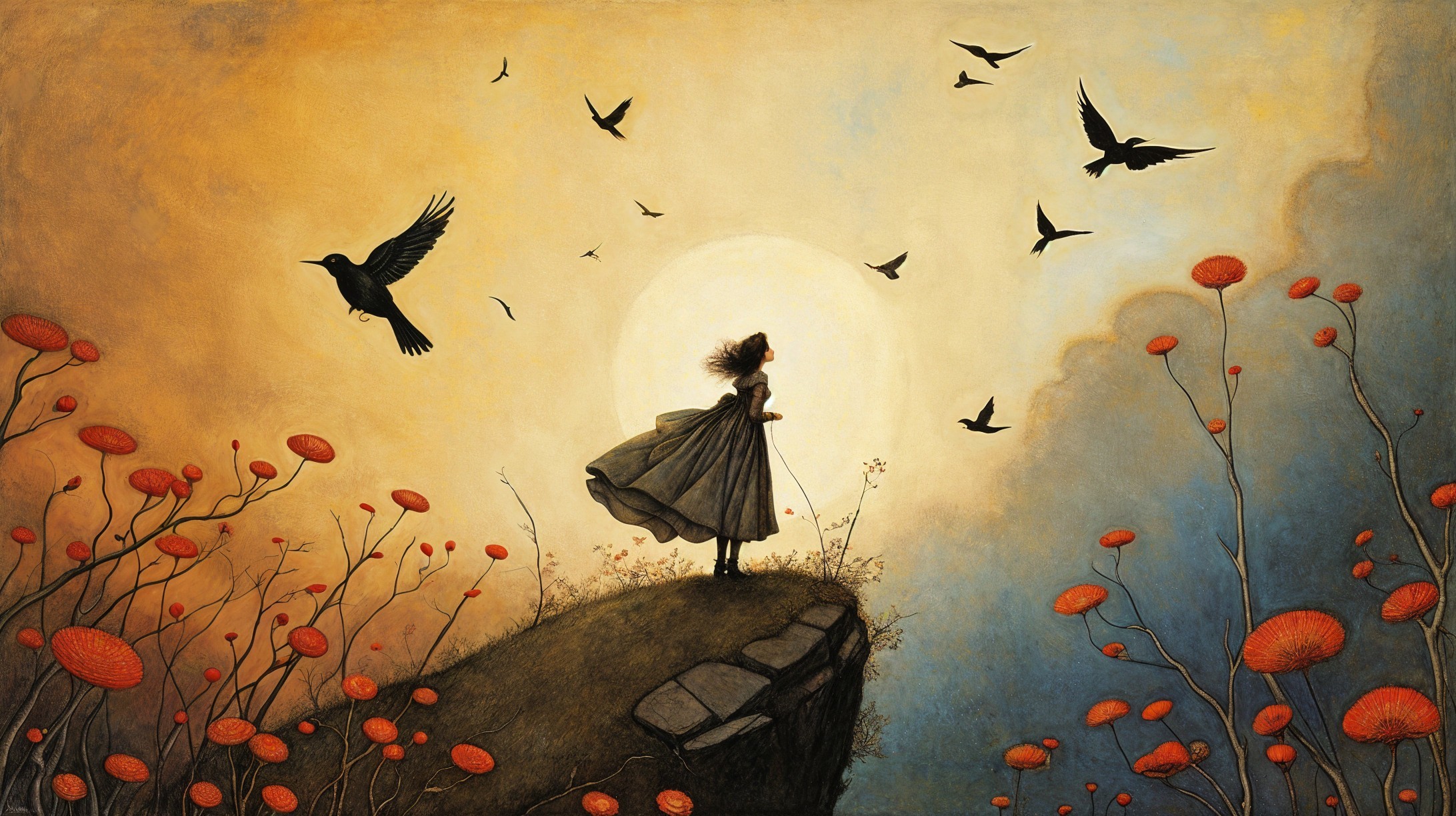 Young girl on cliff at sunset with flowers and birds