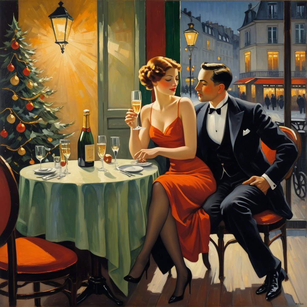 Cozy Restaurant Scene with Couple and Christmas Tree