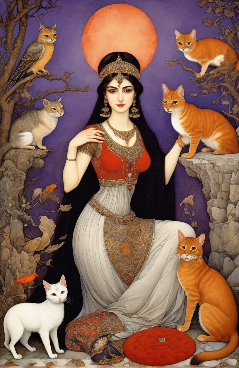 Regal Woman in Traditional Attire with Cats and Moon