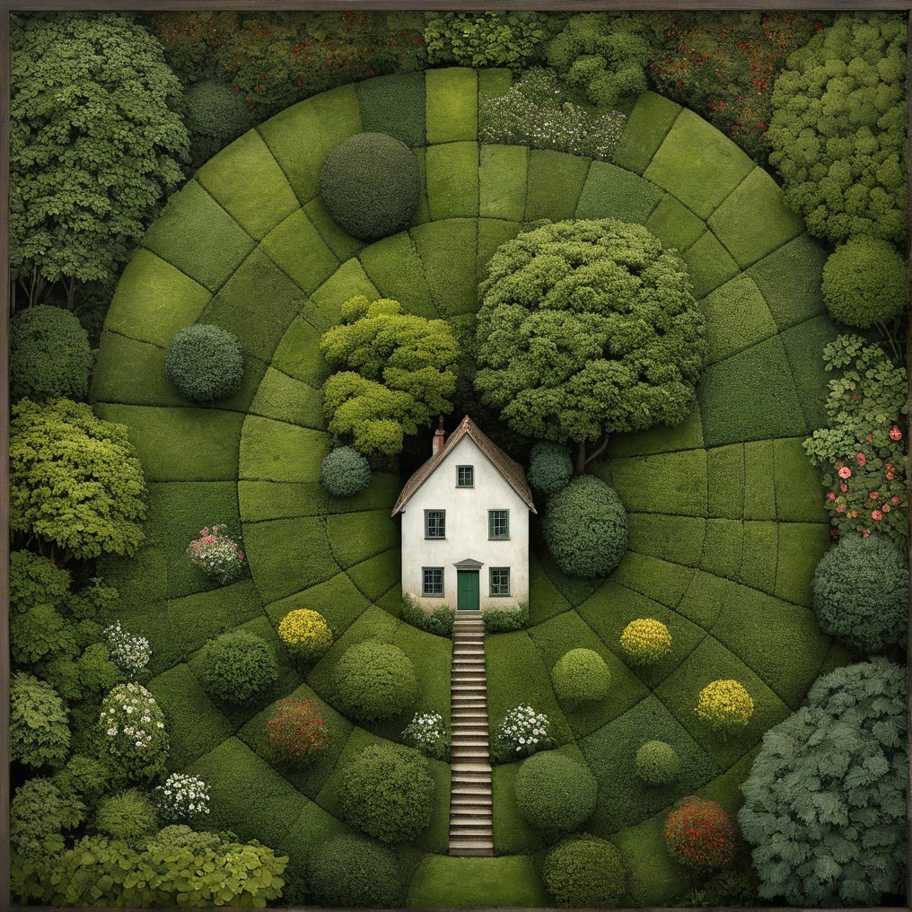 Quaint White House Surrounded by Lush Spiraling Garden