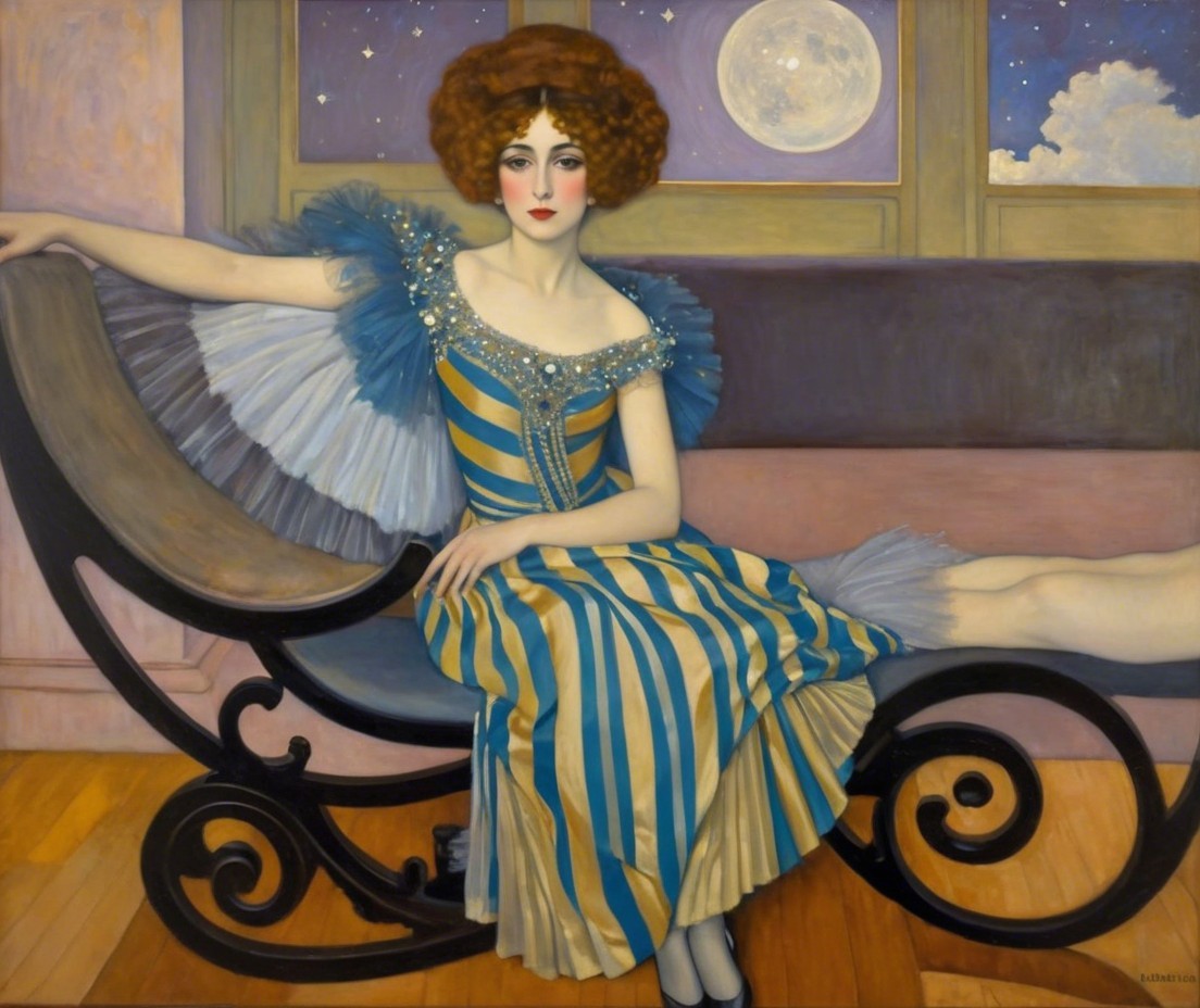Glamorous Woman in Stylish Dress by Moonlit Window