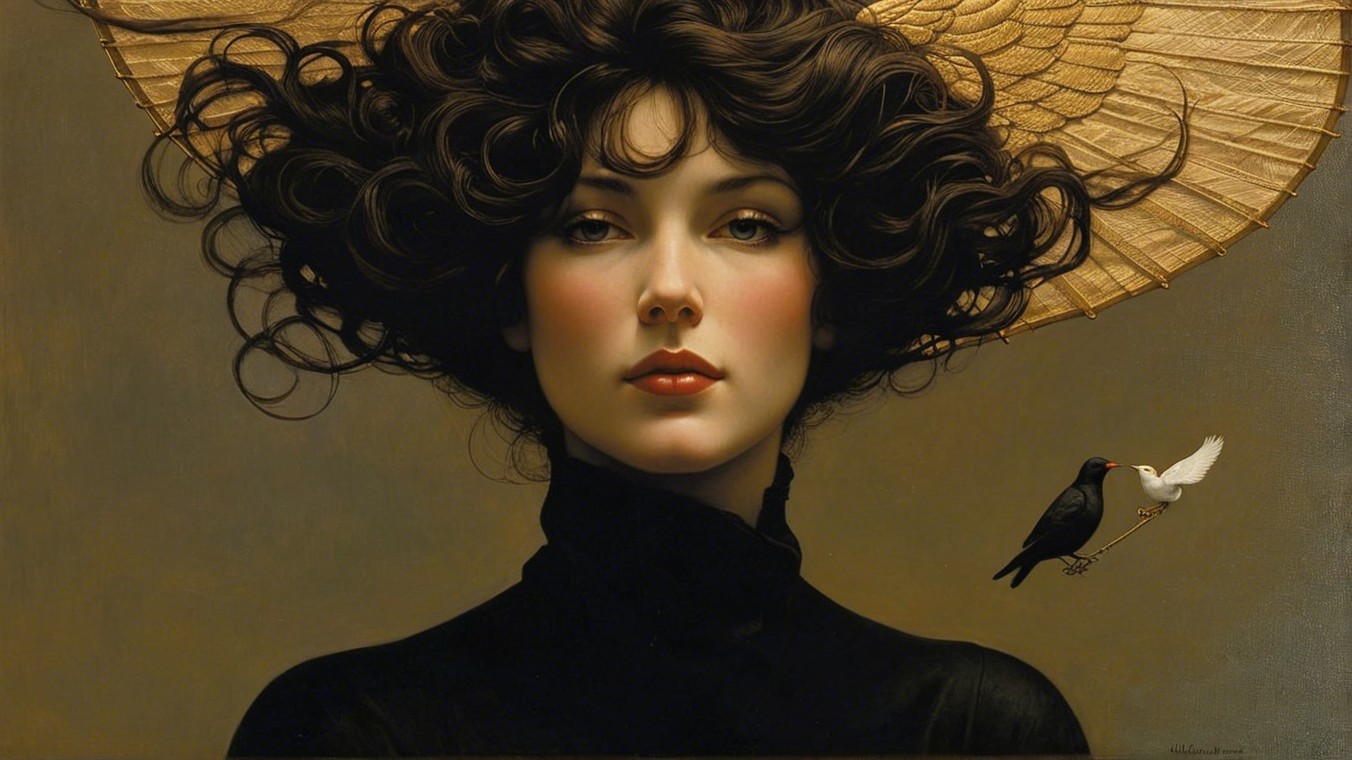 Portrait of a woman with curly hair and serene expression