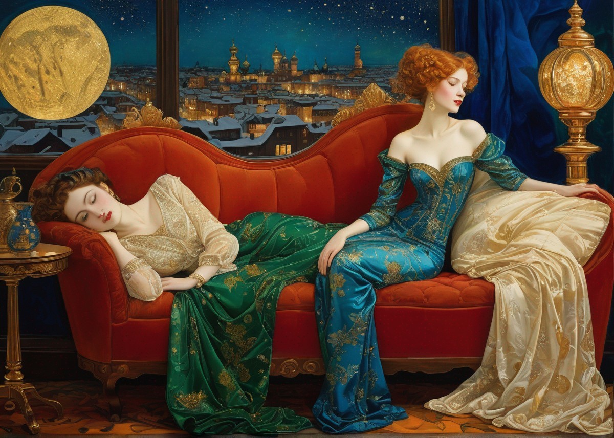 Elegantly dressed women on red sofa in opulent room with city view