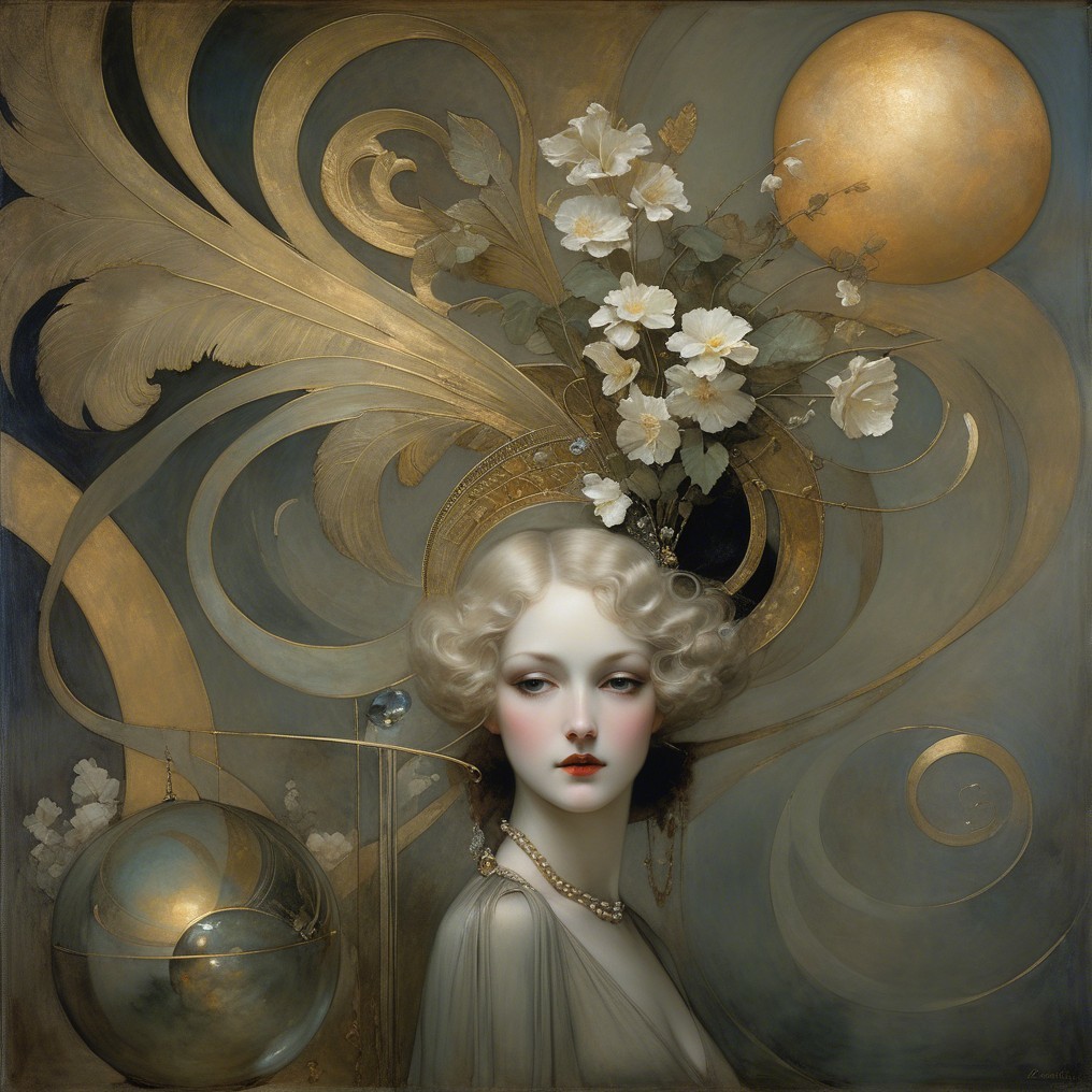 Glamorous Woman with Floral Headdress and Golden Swirls