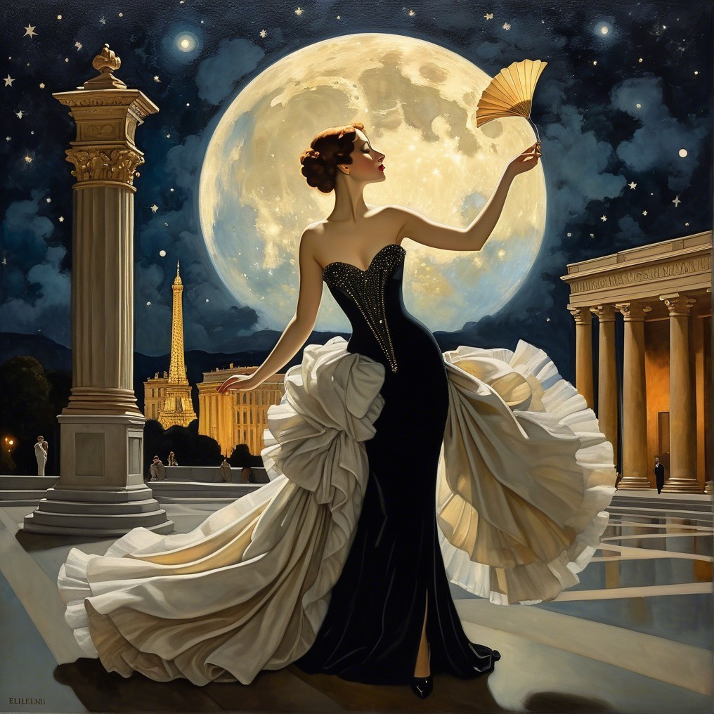 Elegant Figure in Black Gown Under Full Moon