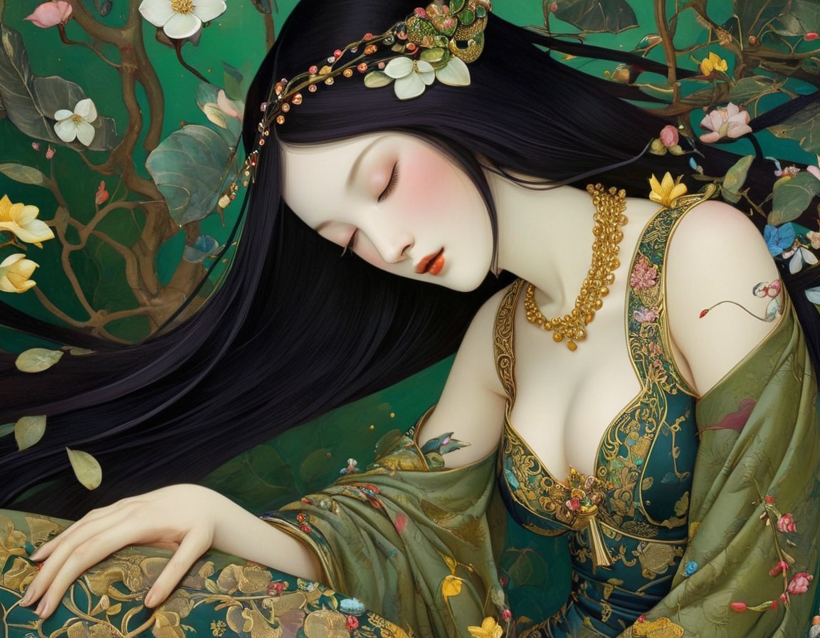 Serene Woman in Floral Gown Surrounded by Nature