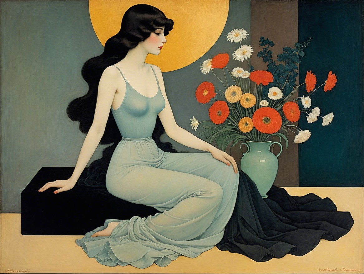 Serene Woman in Light Blue Gown with Flower Vase