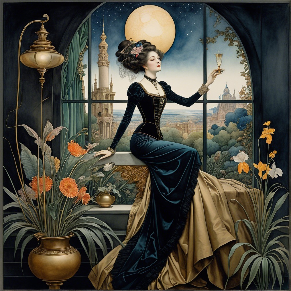 Elegant Woman by Window with Moonlit Landscape