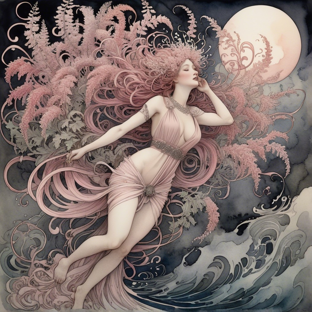 Serene figure in flowing garment amidst swirling waves