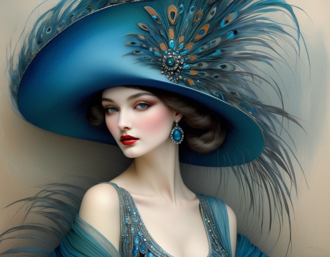 Elegant Portrait of Woman in Turquoise Hat and Gown