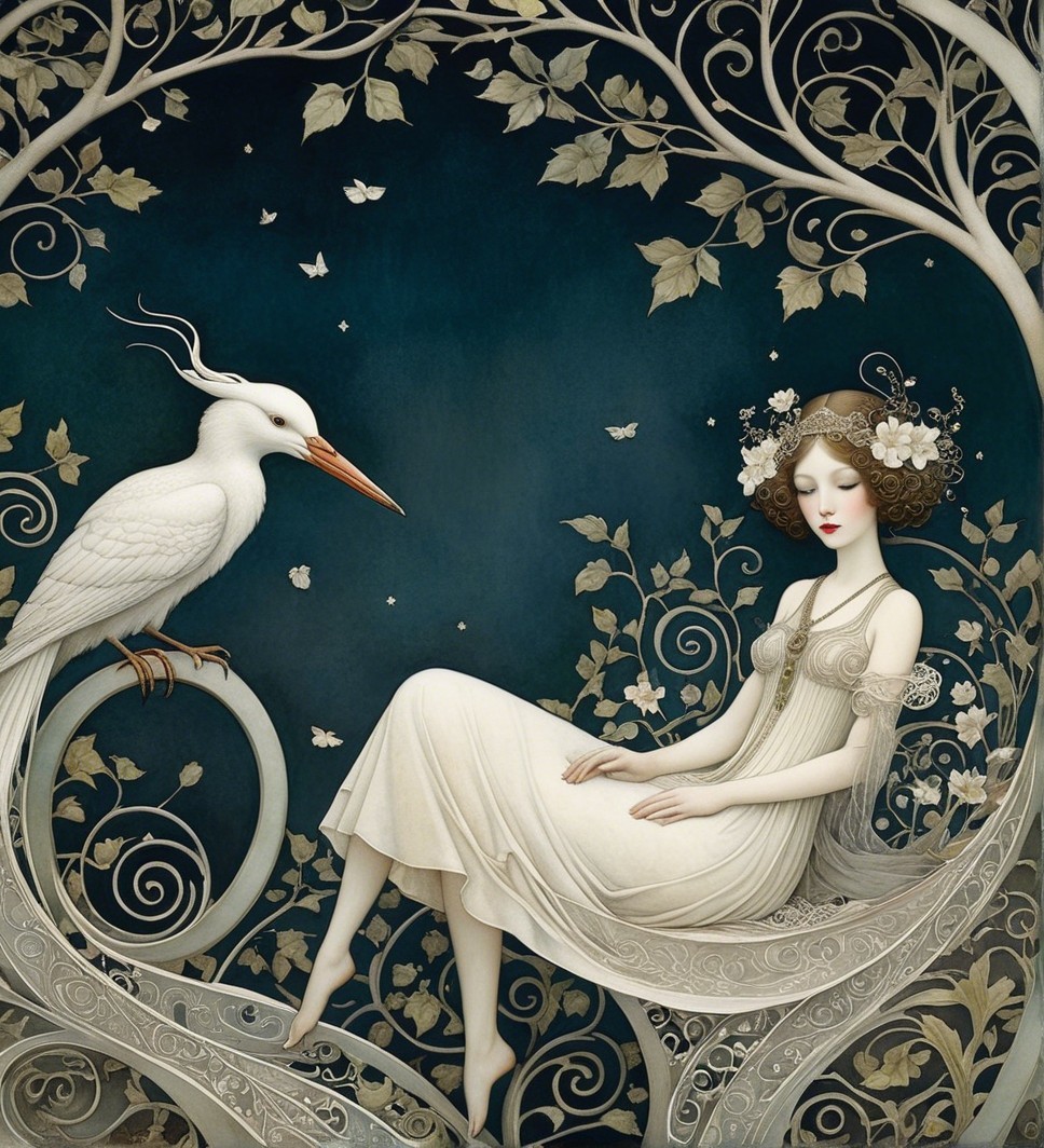 Ethereal Scene of Woman in White Gown with Bird