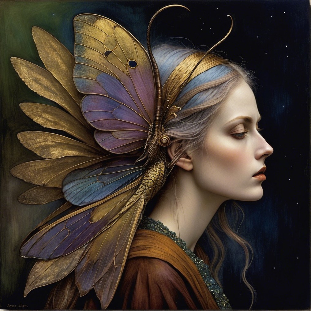 Profile of a Woman with Butterfly Headdress in Purple