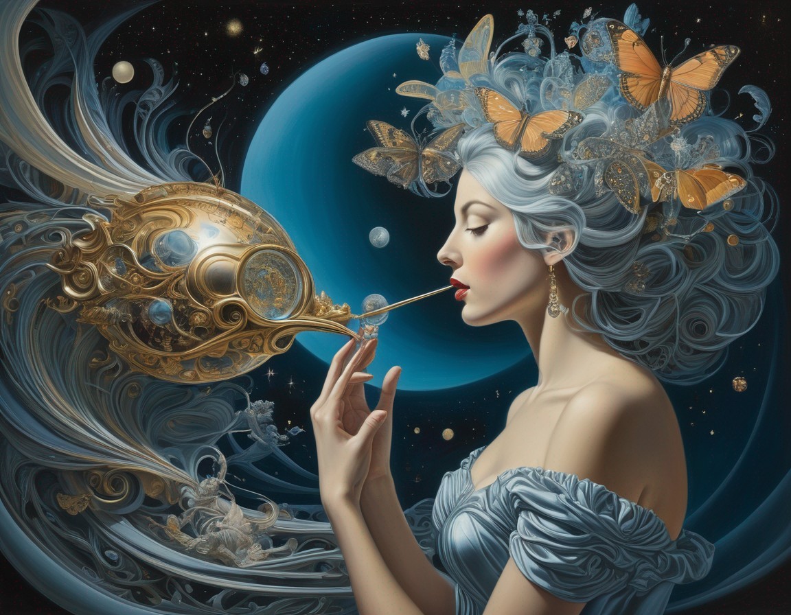 Serene Woman with Silver Hair and Cosmic Background