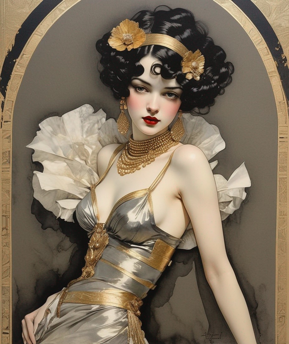 Illustration of a woman in gold dress with ruffles