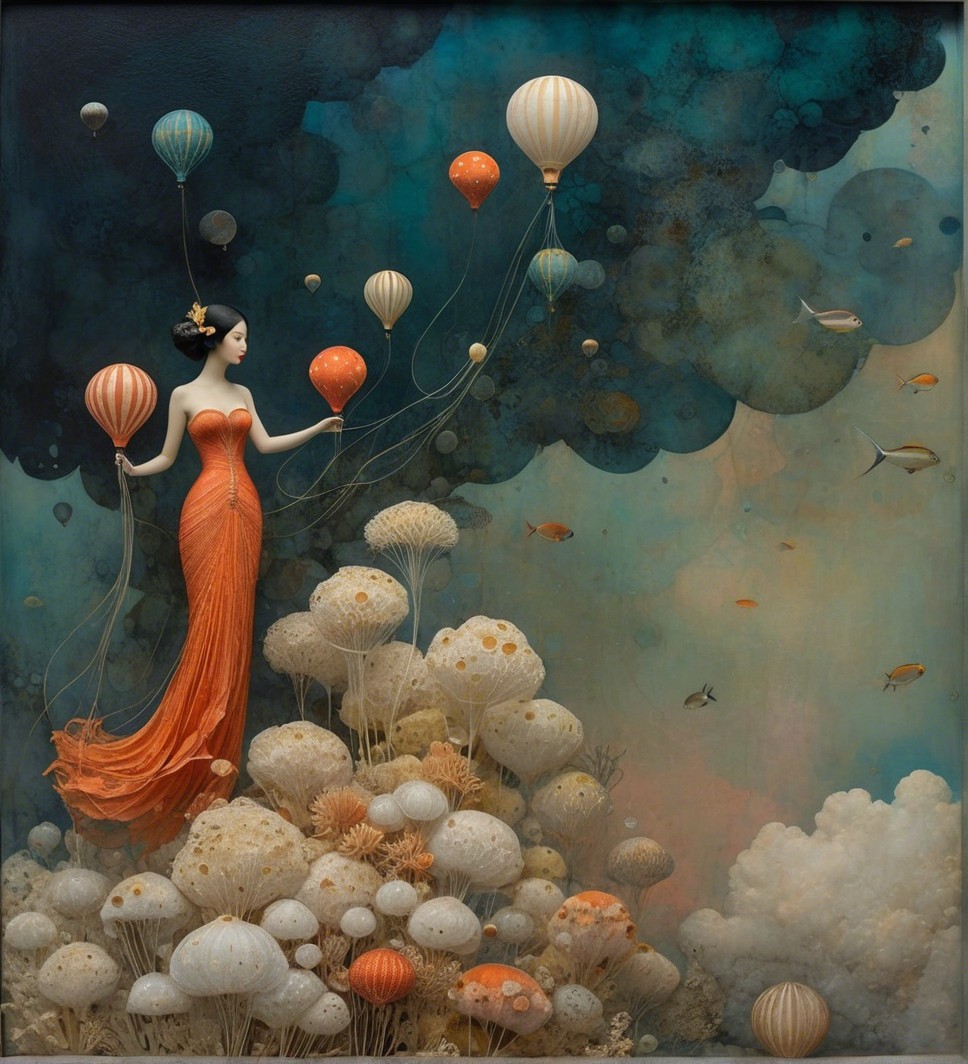 Whimsical Scene of Woman in Orange Gown with Balloons