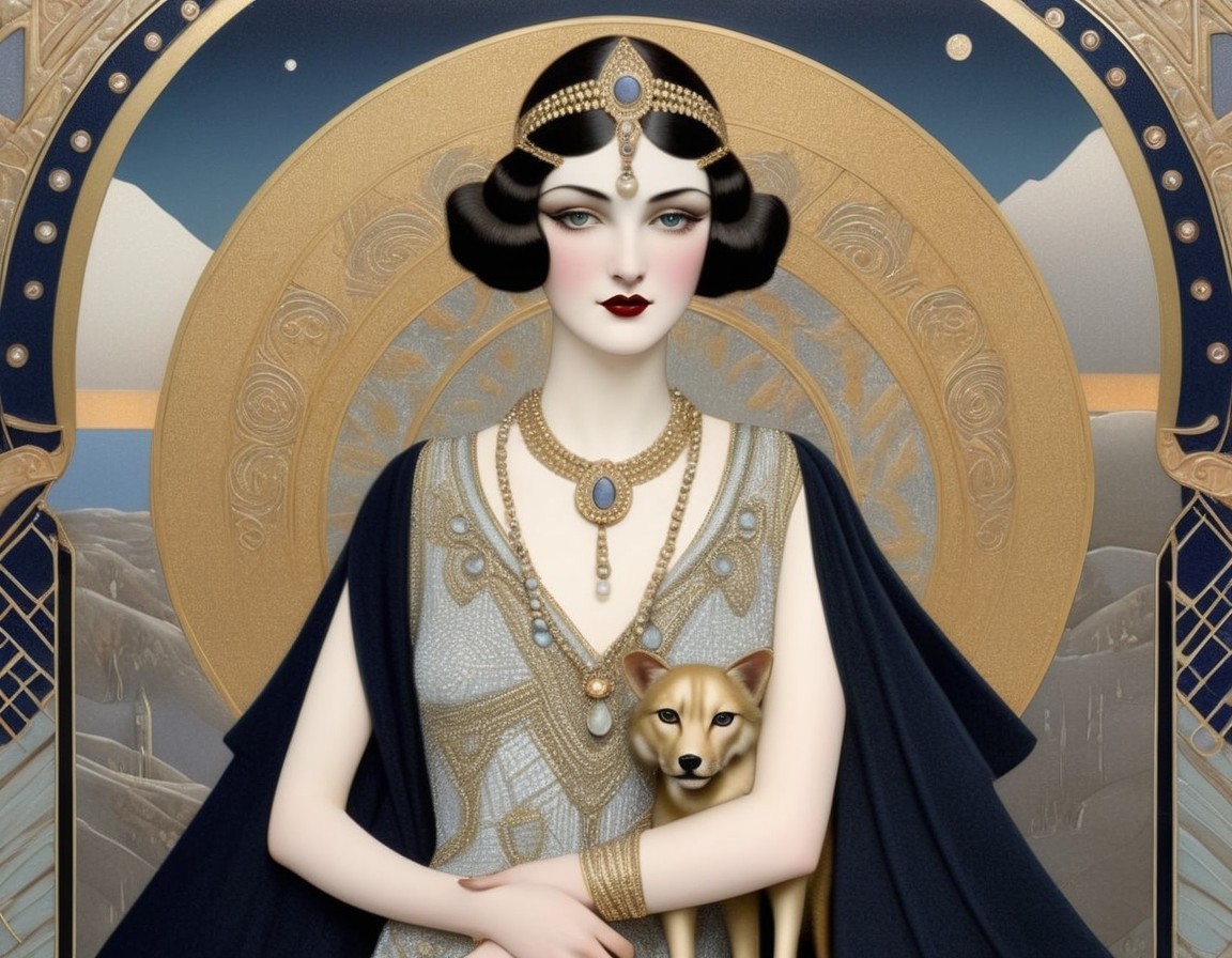 Art Deco Illustration of Woman with Dog and Architecture
