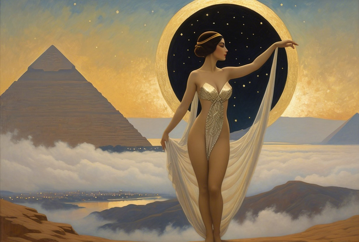Figure in Gown Against Egyptian Pyramids at Sunset