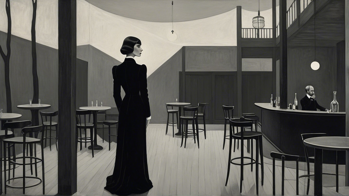 Elegant Woman in Black Dress in Minimalist Bar Setting